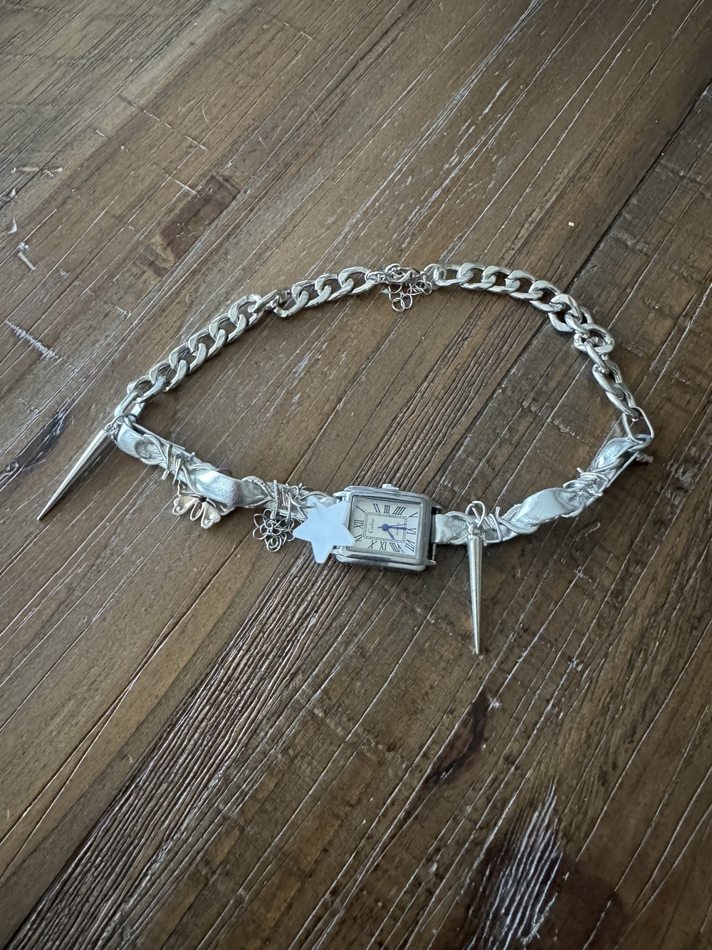 Silver Spike Watch Choker Necklace with Square Face - Picture 2 of 2